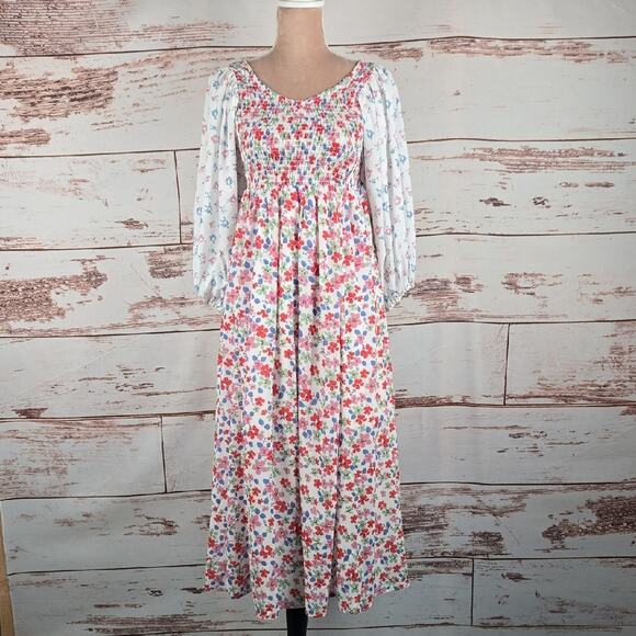 Pink Ripple Maxi Dress Floral Smocking Size Medium - Picture 1 of 8